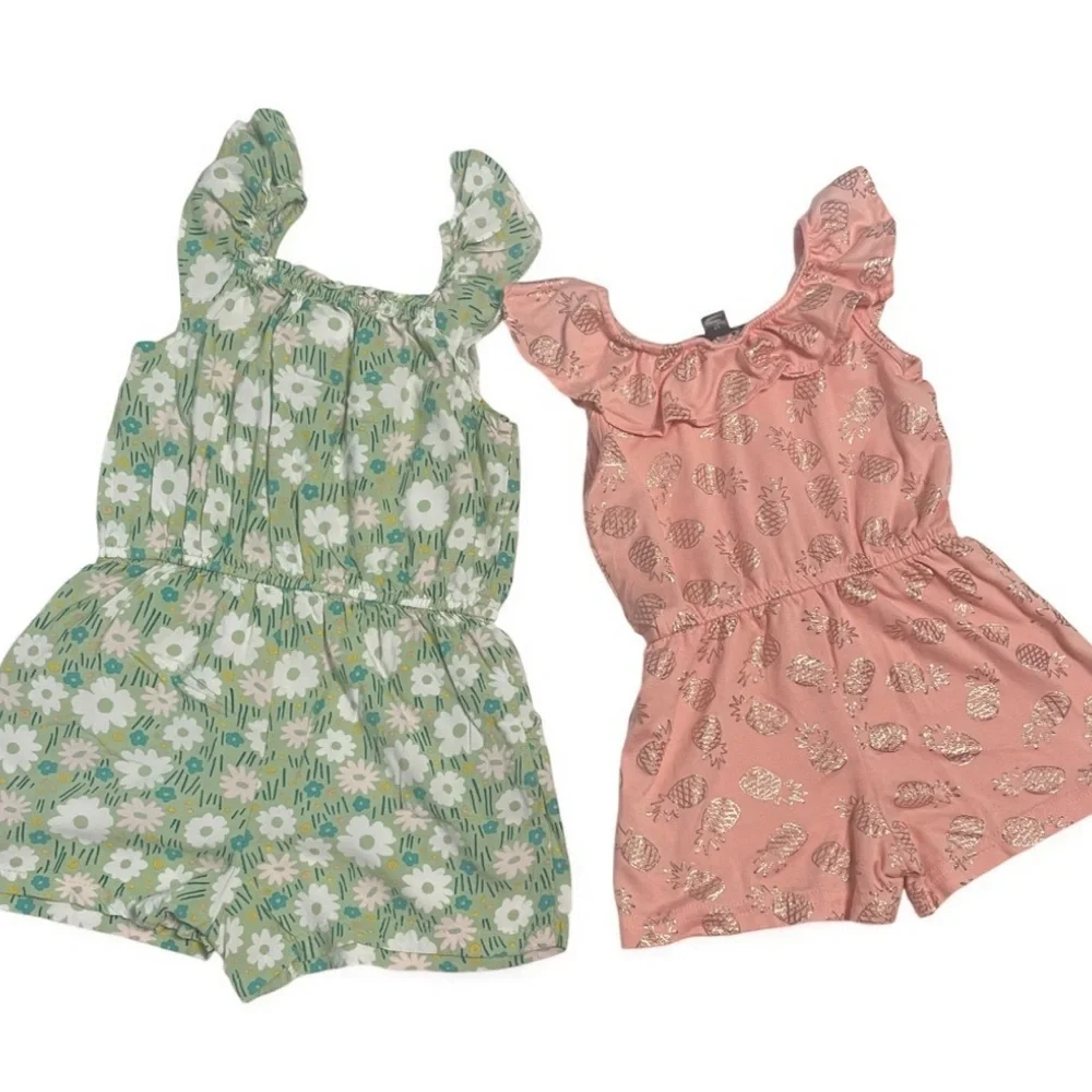 Set of 2 Girls Rompers- Green Floral and a Peach color Pineapple foil Print.